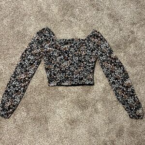 Lulus Mood Setter Black Floral Print Ruched Long Sleeve Top - Size S